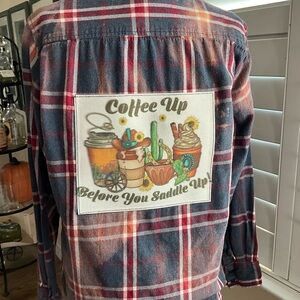 Distressed Plaid Shirt with Coffee Up Graphic large